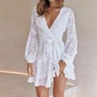 Printed V-neck Long Sleeve See-through A-line Mini Dress