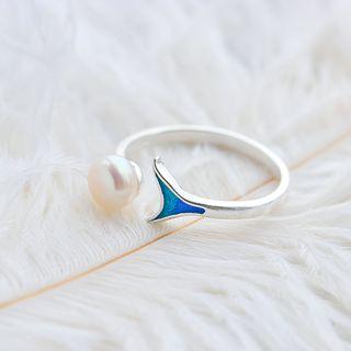 925 Sterling Silver Faux Pearl Open Ring 1 Pc - Silver & Blue - One Size