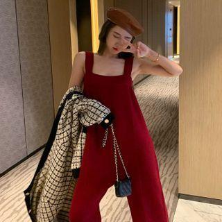 Sleeveless Knit Wide-leg Jumper Pants Wine Red - One Size