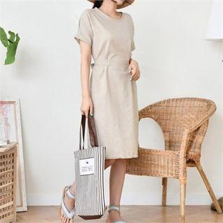Pleated Sleeve Tie-waist Dress