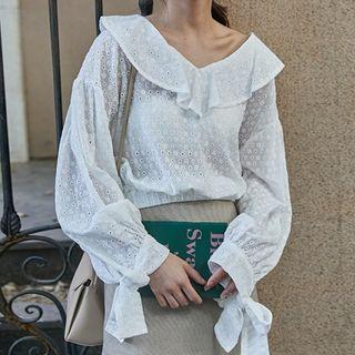 V-neck Ruffle Trim Eyelet Blouse White - One Size