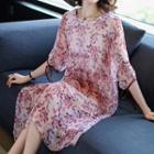 Flower Print Elbow-sleeve Silk Dress