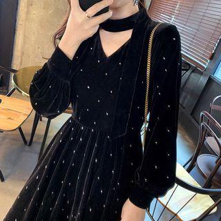 Long-sleeve Embellished A-line Velvet Dress