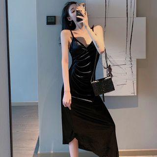 Spaghetti Strap Asymmetric Crinkled Midi Velvet Sheath Dress