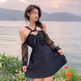 Long-sleeve Cold Shoulder Bow Swimdress