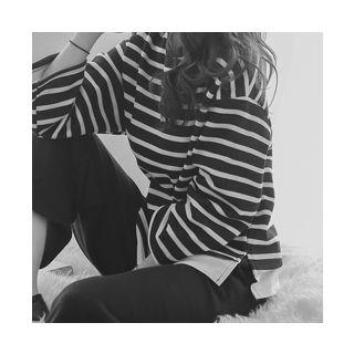 Set: Round-neck Striped Top + Band-waist Pants