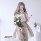 Off-shoulder Elbow-sleeve Top / Plaid A-line Skirt