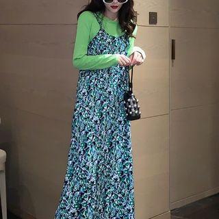 Long-sleeve T-shirt / Spaghetti Strap Floral A-line Midi Dress