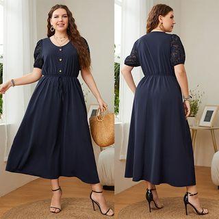 Plus Size Short-sleeve Lace Panel Midi A-line Dress