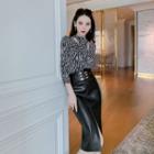 High-waist Faux Leather Slit Pencil Skirt