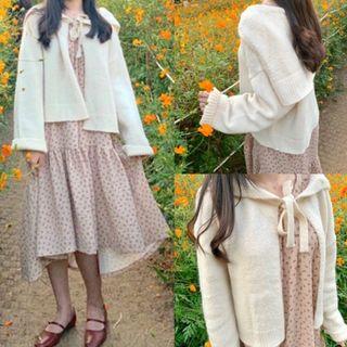 Floral Long-sleeve Loose-fit Dress / Bow-accent Cardigan