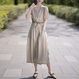 Set: Short-sleeve V-neck Midi A-line Dress + Belt