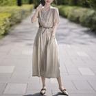 Set: Short-sleeve V-neck Midi A-line Dress + Belt