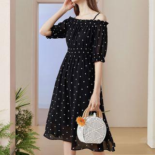 Flower Embroidered Cold Shoulder A-line Dress
