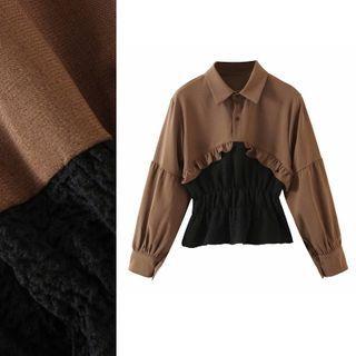 Lapel Panel Polo-collar Long-sleeve Blouse