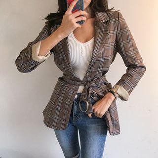 Single-breasted Plaid Blazer With Belt