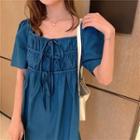 Plain Square-neck Lace-up Short-sleeve Dress