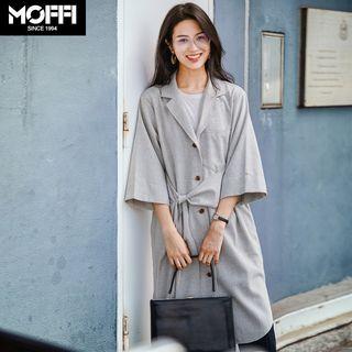 3/4-sleeve Single-breasted Long Jacket With Sash