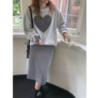Heart Print Sweatshirt / High-waist Argyle  Skirt