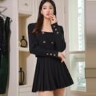 Set: Square-neck Double Breasted Jacket + Pleated Skirt