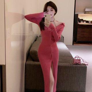 Button-up Knit Maxi Sheath Dress