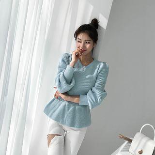 Bishop-sleeve Peplum Knit Top