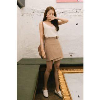 Buckle-waist Linen Blend Wrap Miniskirt