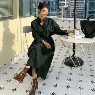 Dolman-sleeve Gathered-waist Maxi Shirtdress