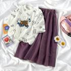 Elbow-sleeve Bear Print T-shirt / Midi A-line Skirt