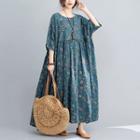 Elbow-sleeve Floral Midi A-line Dress Green - One Size