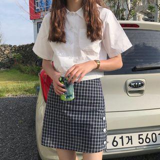 Pocket Detail Short-sleeve Shirt / Plaid A-line Skirt