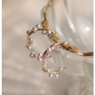 S925 Silver Faux-pearl Hoop Earring 1 Pair - One Size