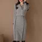 Set: Houndstooth Double-breasted Cropped Jacket + Pencil Skirt