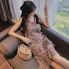 Spaghetti-strap Floral Print Midi A-line Dress Floral - Brown & Grayish Blue - One Size