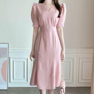 Puff-sleeve Pintuck Midi Mermaid Dress