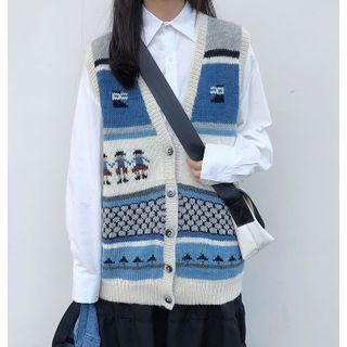 Printed Button-up Sweater Vest Black & Gray & Blue & Off-white - One Size