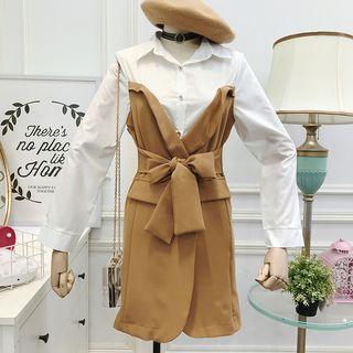 Ribbon-waist Mock Two-piece Shirtdress