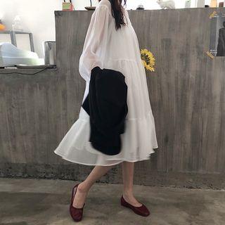 V-neck Chiffon Long-sleeve A-line Dress White - One Size
