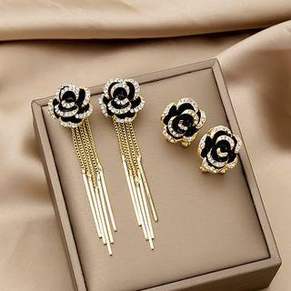 Flower Rhinestone Earring 1 Pair - E3458-1 - Black - One Size