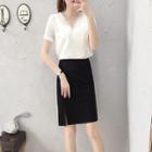 Short-sleeve Blouse / Mini Fitted Skirt / Set