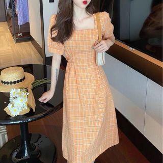 Puff-sleeve Plaid Midi A-line Dress Tangerine - One Size