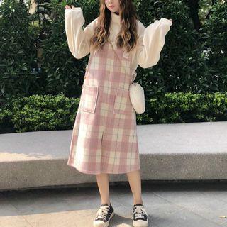Plaid Midi Pinafore Dress Gingham - Pink - One Size