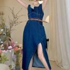 Sleeveless Denim Dress / Melange Halter Top / Belt / Set