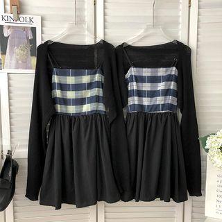 Set: Spaghetti Strap Plaid A-line Dress + Cardigan