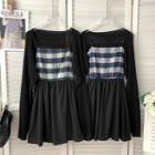 Set: Spaghetti Strap Plaid A-line Dress + Cardigan