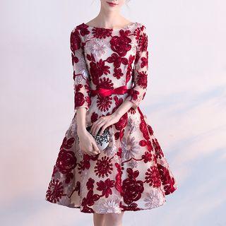3/4-sleeve Floral Evening Dress