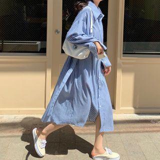Long-sleeve Striped Midi A-line Shirt Dress Stripe - Blue - One Size