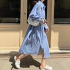 Long-sleeve Striped Midi A-line Shirt Dress Stripe - Blue - One Size