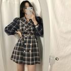Puff-sleeve Double-breasted Plaid Shirtdress