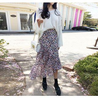 Asymmetric-hem Floral Long Tiered Skirt